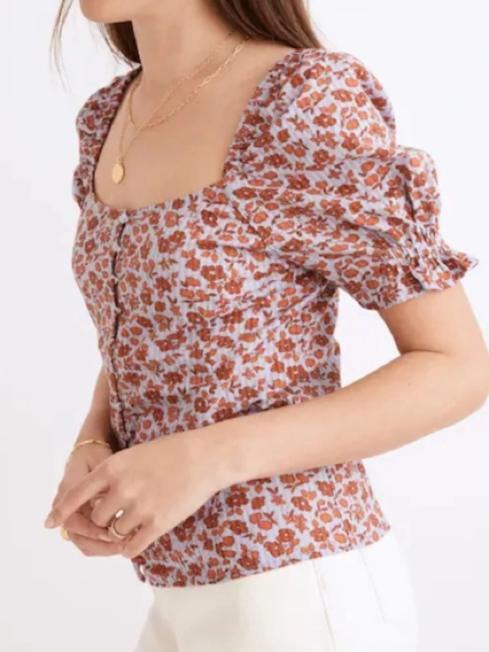 Madewell Button-Front Smocked-Back Top in Piccola Floral